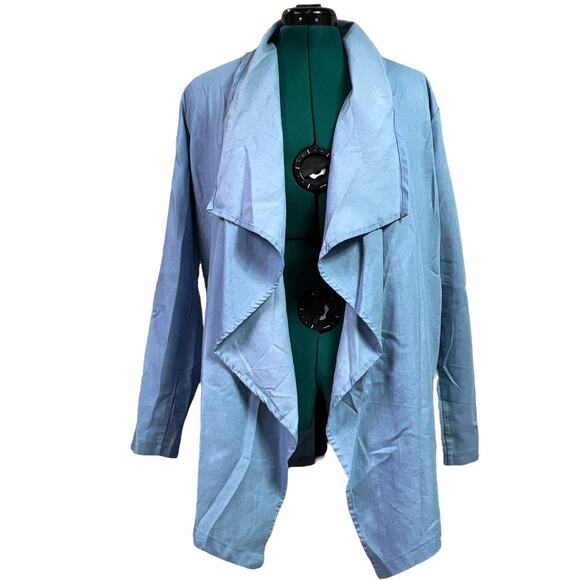 Chambray Waterfall Cardigan XL Blue Asymmetrical Open Front Roll Tab Sweater XL - Picture 3 of 13